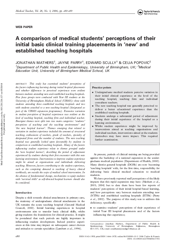 (PDF) A comparison of medical students' perceptions of their initial ...