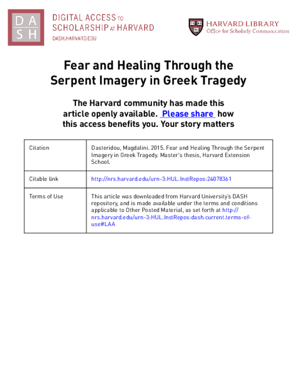 Pdf Fear And Healing Through The Serpent Imagery In Greek Tragedy Magdalini Dasteridou Academia Edu