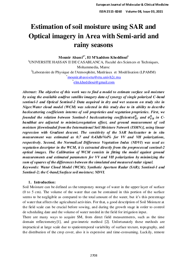 (PDF) Estimation of soil moisture using SAR and Optical imagery in Area ...