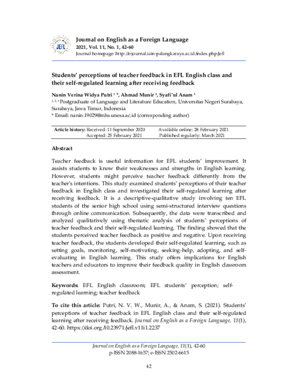 (PDF) Students’ perceptions of teacher feedback in EFL English class ...