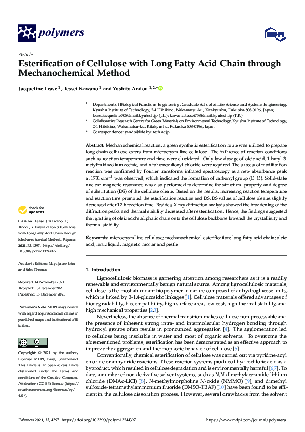 (PDF) Esterification of Cellulose with Long Fatty Acid Chain through ...