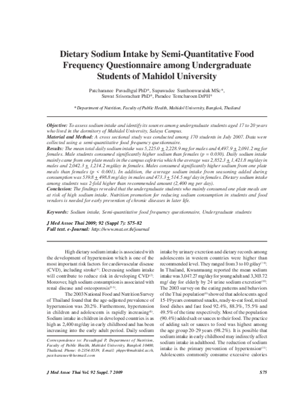 (PDF) Dietary sodium intake by semi-quantitative food frequency ...