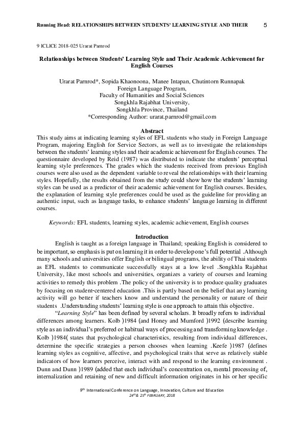 (PDF) Relationships between Students' Learning Style and Their Academic ...