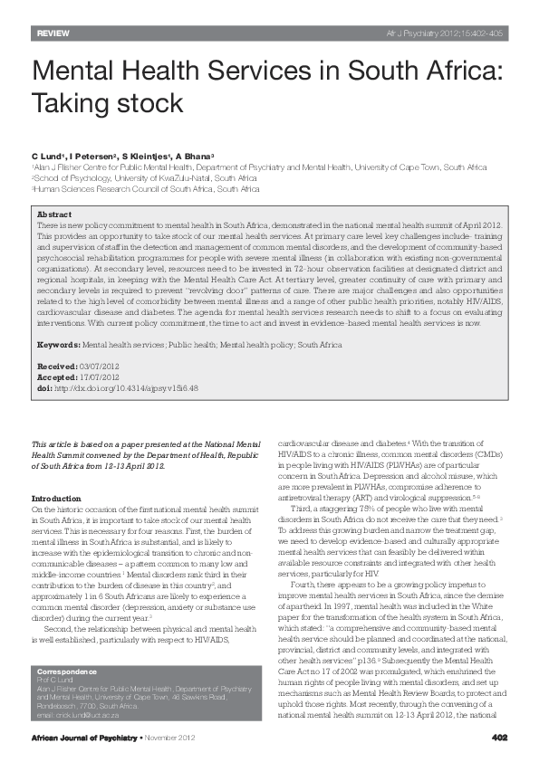 (PDF) Mental Health Services in South Africa: Taking stock