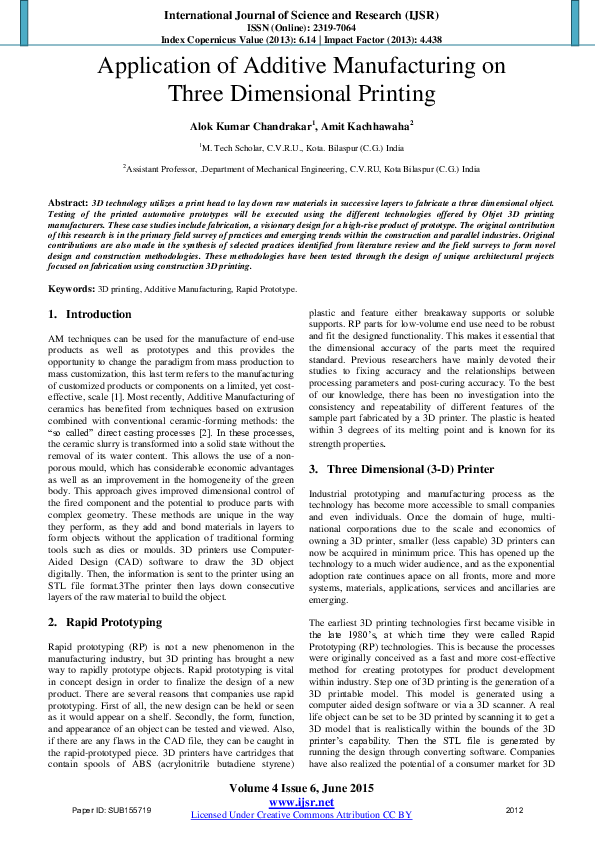 (PDF) Application of Additive Manufacturing on Three Dimensional Printing