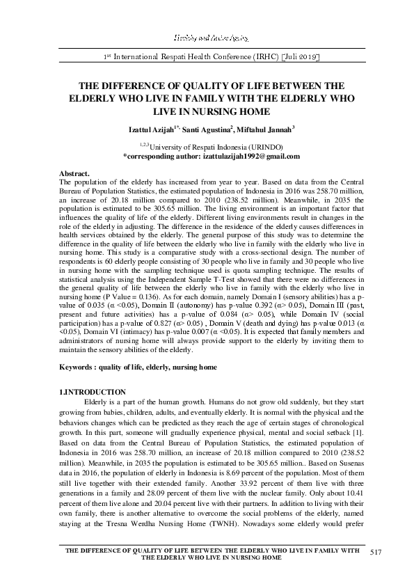 (PDF) The Difference of Quality of Life Between the Elderly Who Live in ...