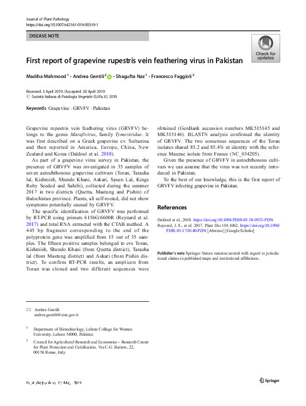 (PDF) First report of grapevine rupestris vein feathering virus in Pakistan