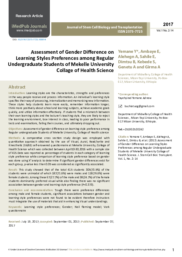 (PDF) Assessment of Gender Difference on Learning Styles Preferences ...