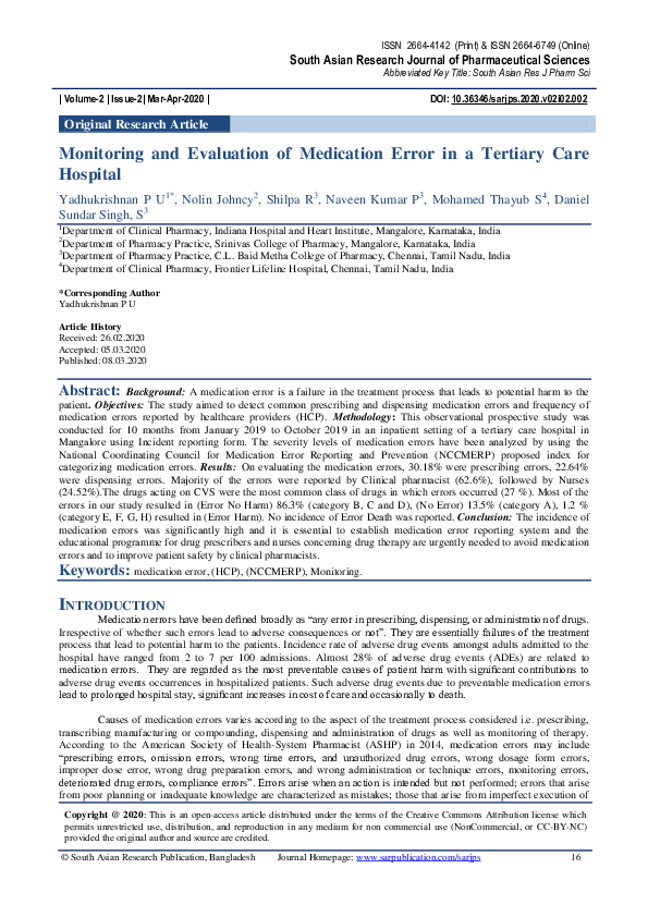 (PDF) Monitoring and Evaluation of Medication Error in a Tertiary Care ...
