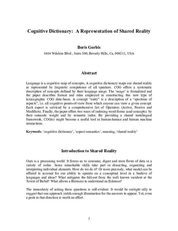(PDF) Cognitive Dictionary: A Representation of Shared Reality