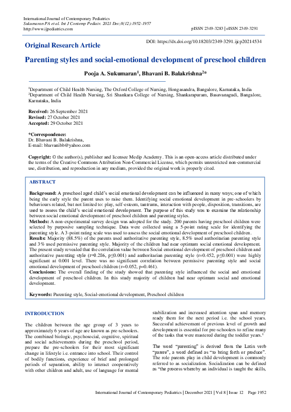 (PDF) Parenting styles and social-emotional development of preschool ...