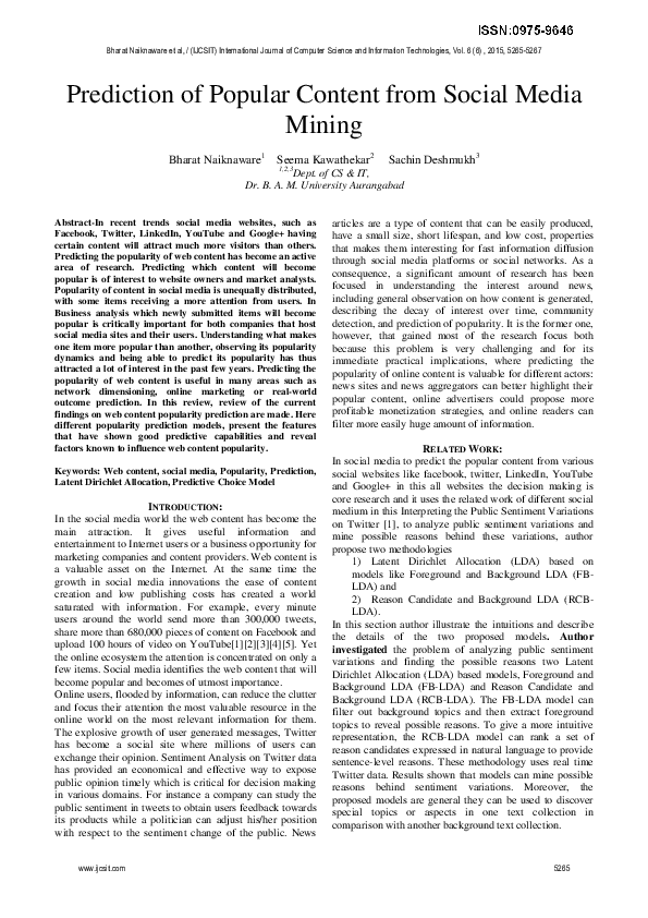 (PDF) Prediction of Popular Content from Social Media Mining