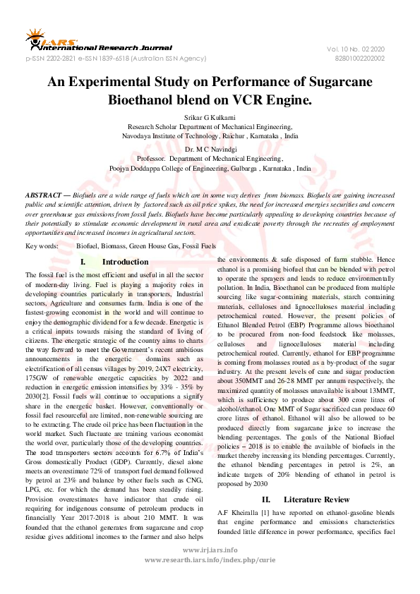 (PDF) Experimental Study on Performance of Sugarcane Bioethanol blend ...