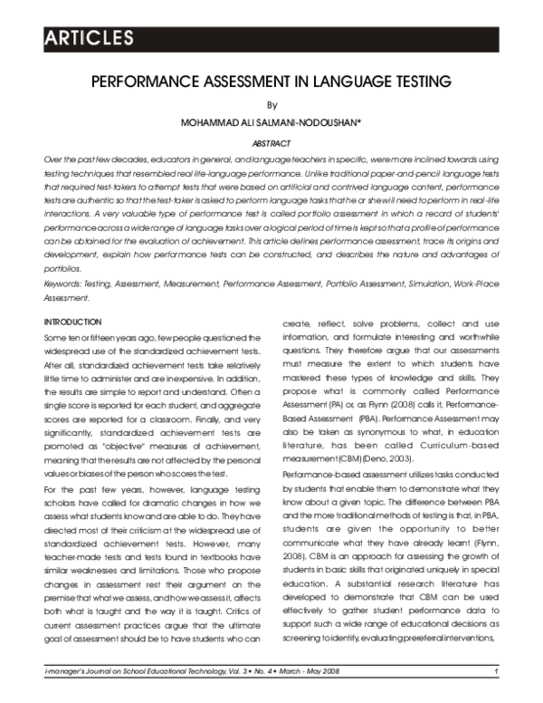(PDF) Performance Assessment In Language Testing