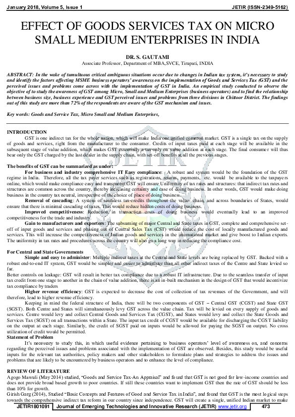 (PDF) Effect of Goods Services Tax on Micro Small Medium Enterprises in ...