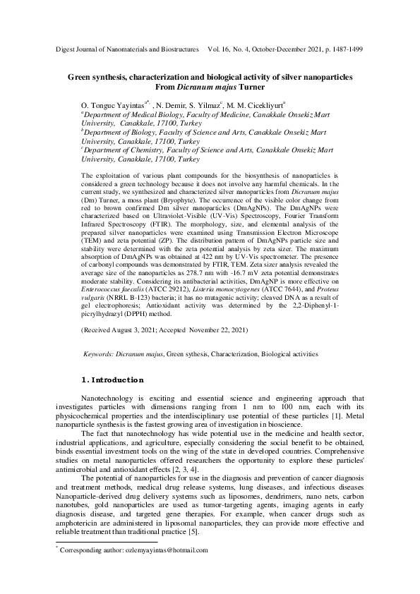 (PDF) Green synthesis, characterization and biological activity of ...