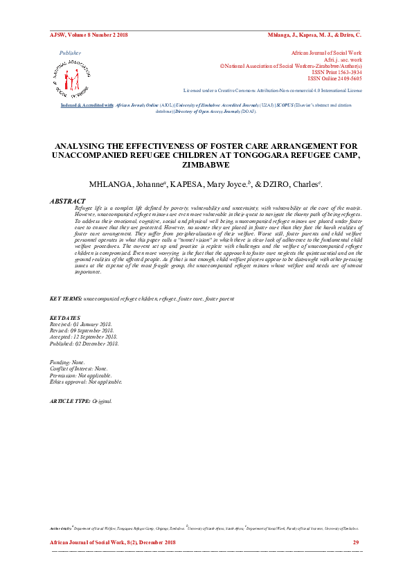 Analysing the effectiveness of foster care arrangement for unaccompanied refugee children at Tongogara Refugee Camp, Zimbabwe