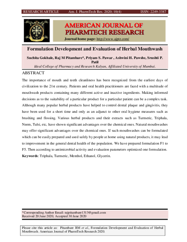 (PDF) Formulation Development and Evaluation of Herbal Mouthwash