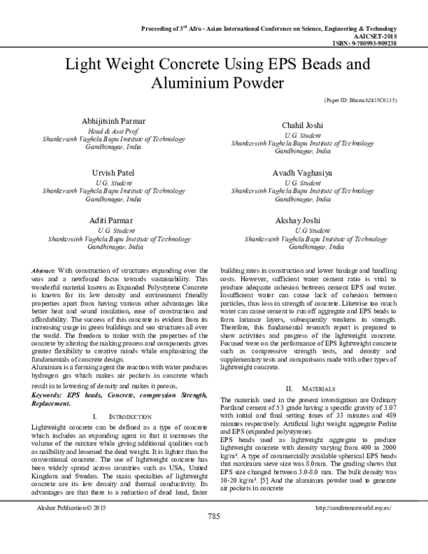 (PDF) Light Weight Concrete Using EPS Beads and Aluminium Powder