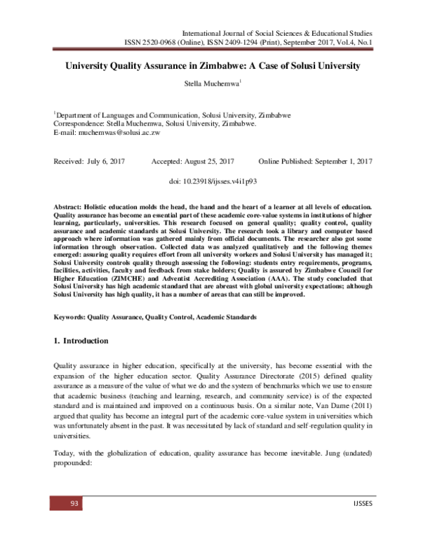 (PDF) University Quality Assurance in Zimbabwe: A Case of Solusi University