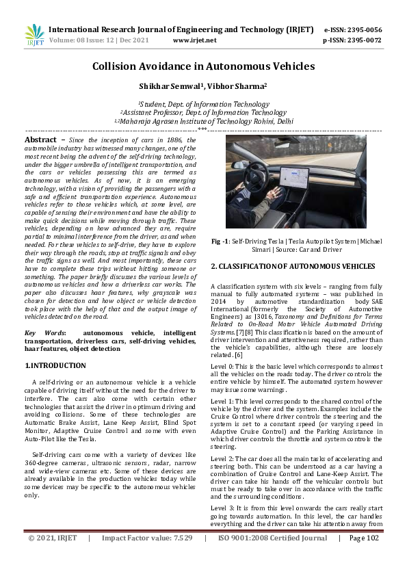 (PDF) IRJET- Collision Avoidance in Autonomous Vehicles