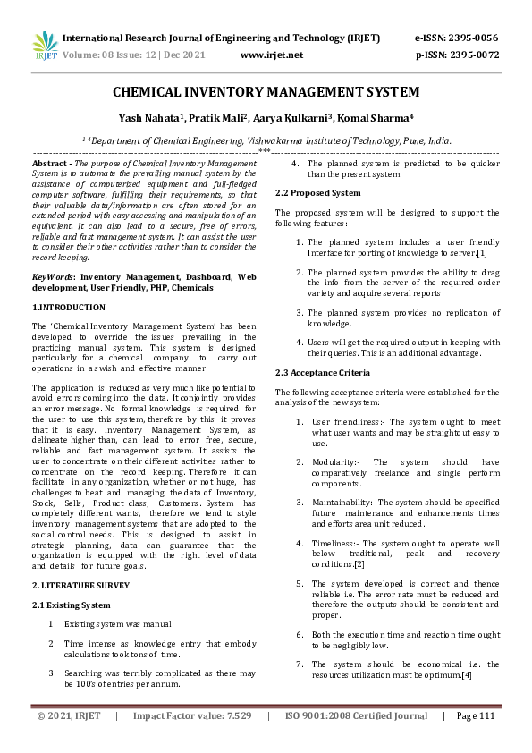 (PDF) IRJET CHEMICAL INVENTORY MANAGEMENT SYSTEM IRJET Journal