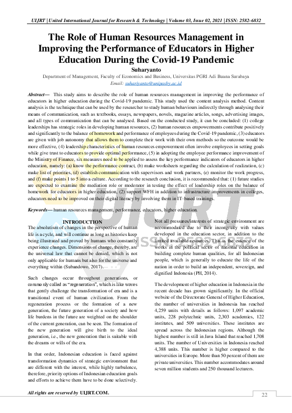 (PDF) The Role of Human Resources Management in Improving the ...