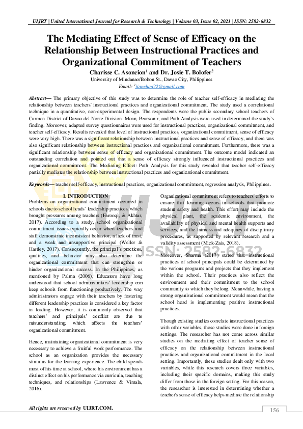 (PDF) The Mediating Effect of Sense of Efficacy on the Relationship ...