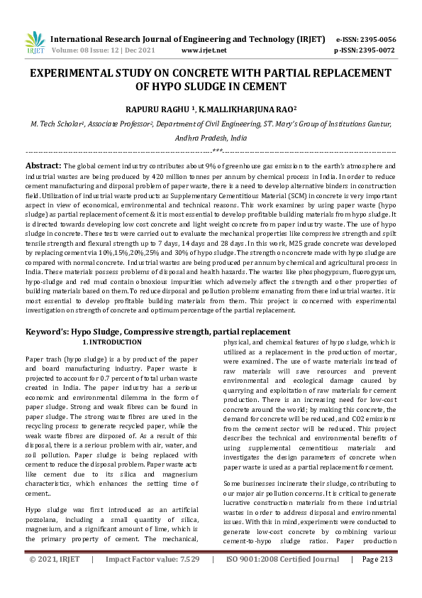 (PDF) IRJET- EXPERIMENTAL STUDY ON CONCRETE WITH PARTIAL REPLACEMENT OF ...
