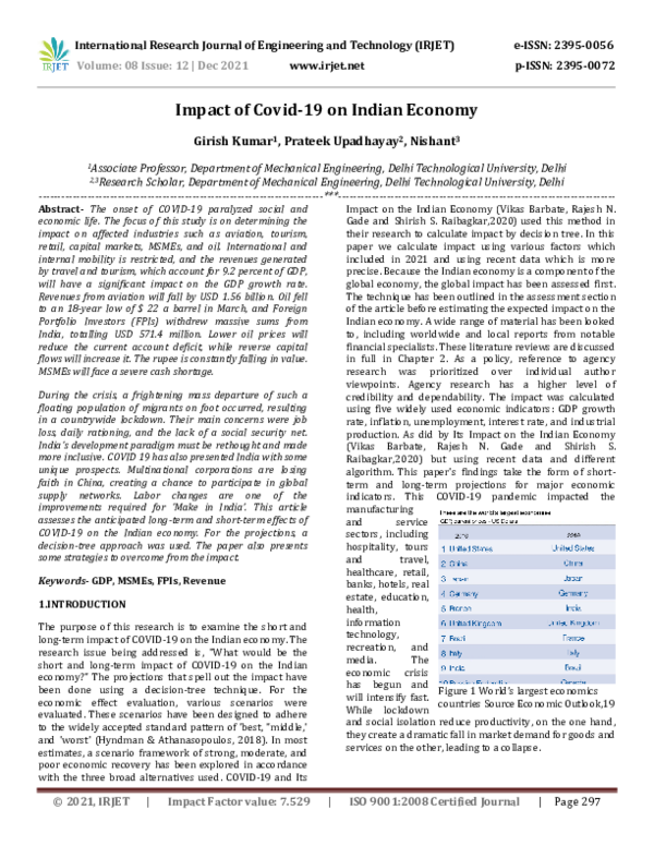 (PDF) Impact of Covid-19 on Indian Economy