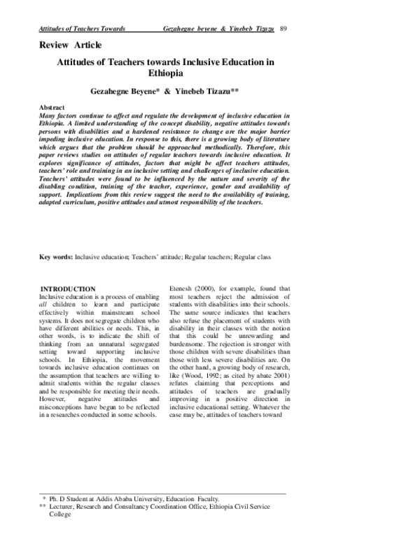 (PDF) Attitudes of Teachers towards Inclusive Education in Ethiopia