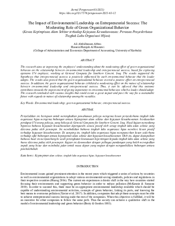 (PDF) The Impact of Environmental Leadership on Entrepreneurial Success ...