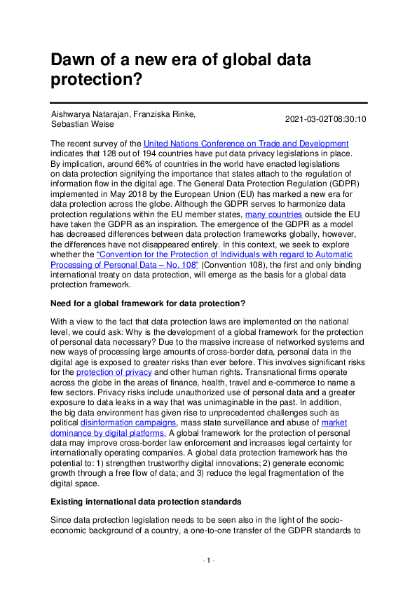 (PDF) Dawn of a new era of global data protection