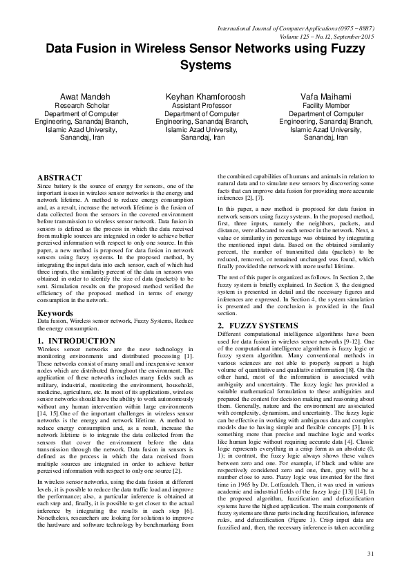 (PDF) Data Fusion in Wireless Sensor Networks using Fuzzy Systems