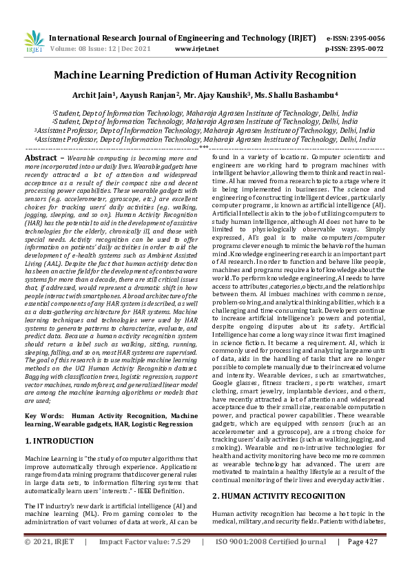 (PDF) IRJET- Machine Learning Prediction of Human Activity Recognition