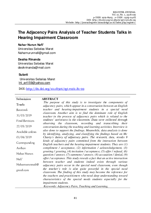 (PDF) The Adjacency Pairs Analysis of Teacher Students Talks in Hearing ...