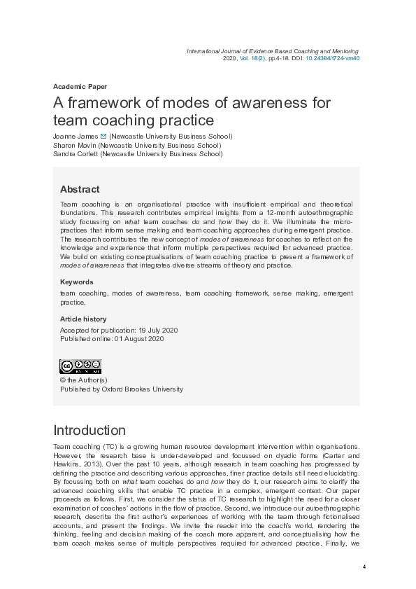 (PDF) A Framework of Modes of Awareness for Team Coaching Practice