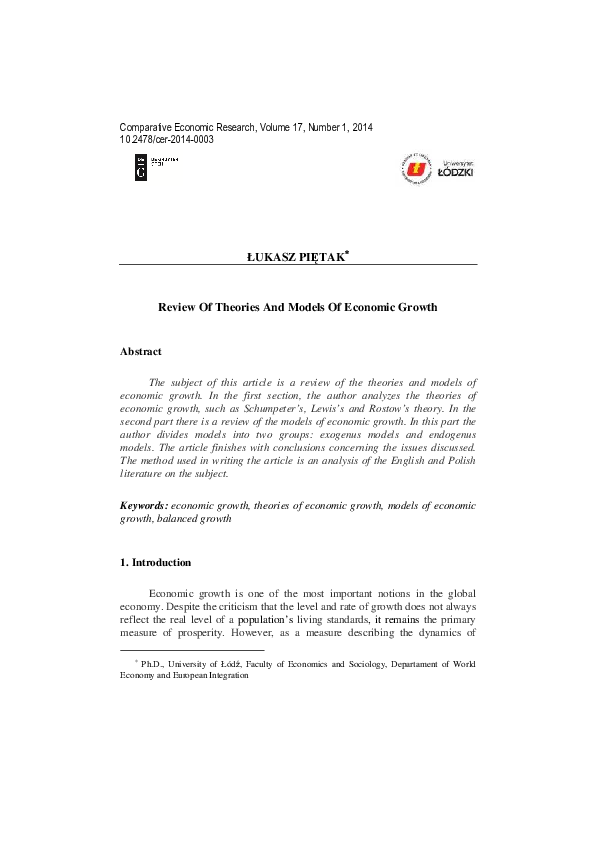 (PDF) Review Of Theories And Models Of Economic Growth