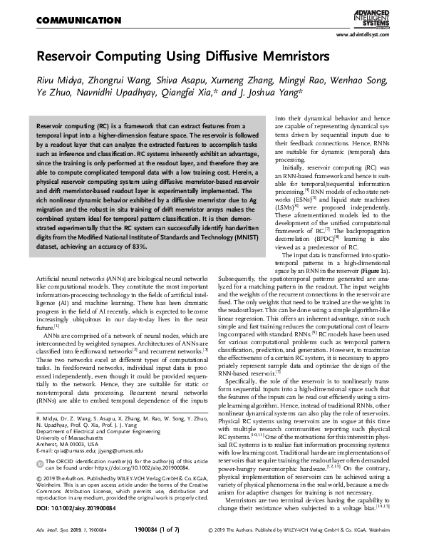 (PDF) Reservoir Computing using Diffusive Memristors