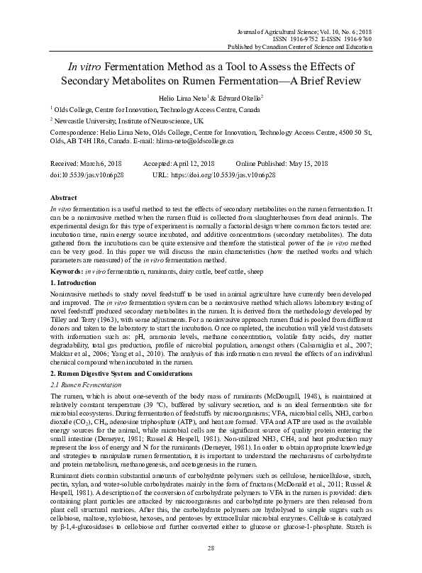 (PDF) In vitro Fermentation Method as a Tool to Assess the Effects of ...