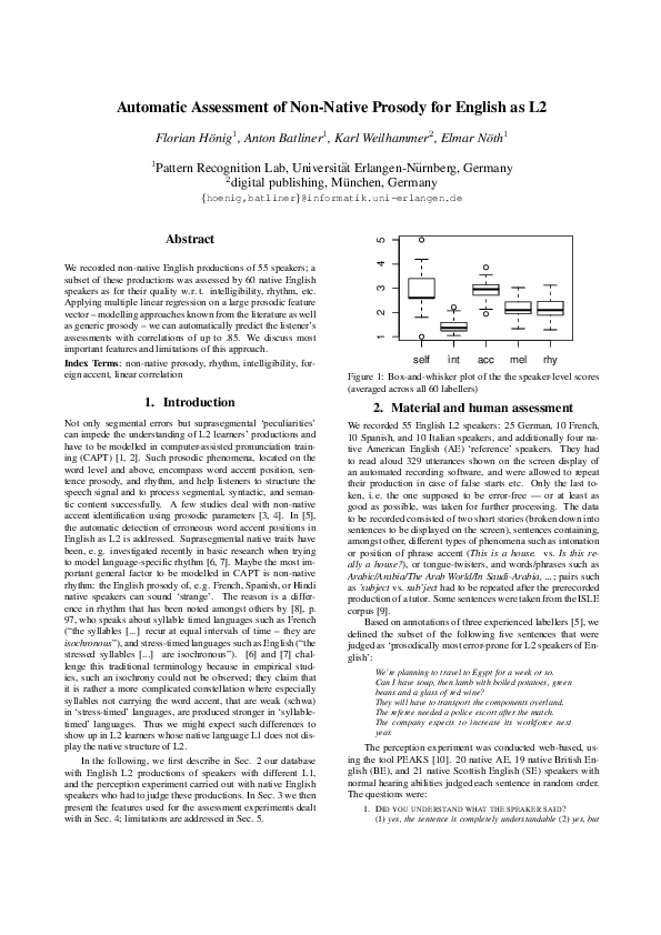(PDF) Automatic assessment of non-native prosody for english as l2