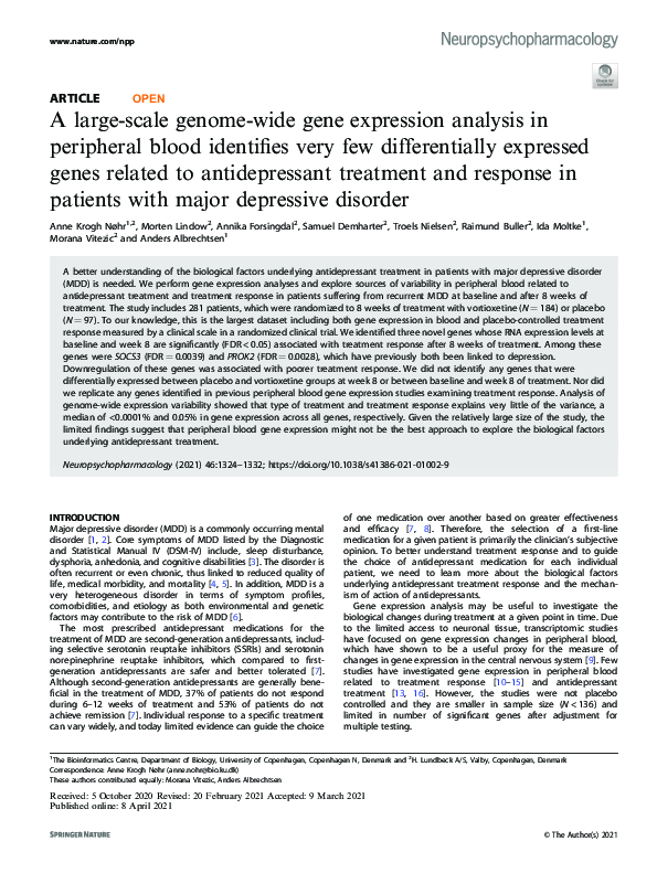 A large-scale genome-wide gene expression analysis in peripheral blood identifies very few differentially expressed genes related to antidepressant treatment and response in patients with major depressive disorder