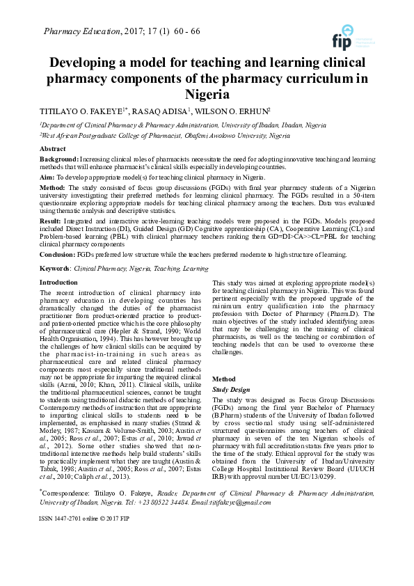 (PDF) Developing a model for teaching and learning clinical pharmacy ...