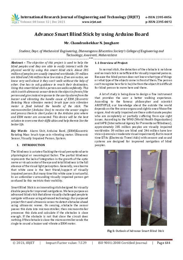 (PDF) IRJET- Advance Smart Blind Stick by using Arduino Board