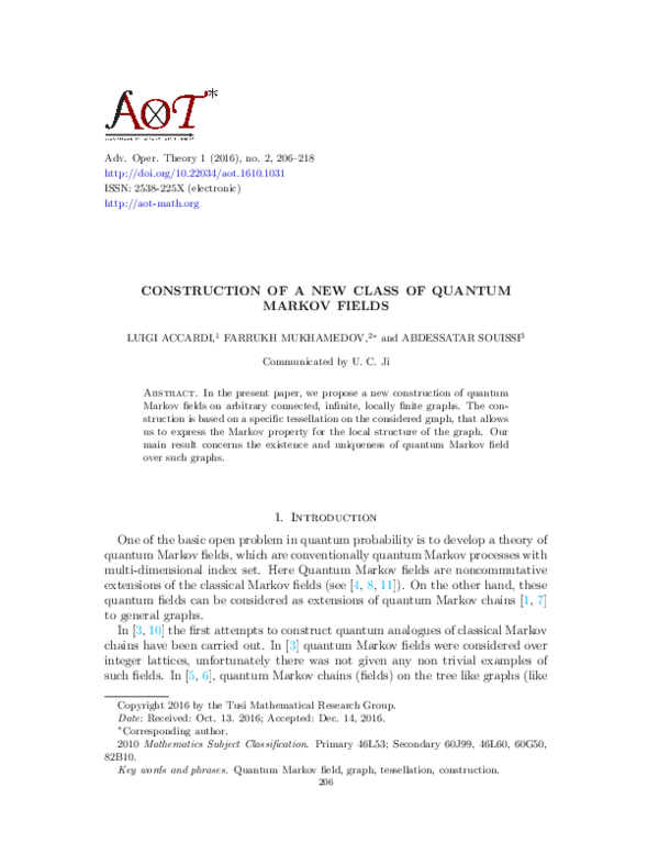 (PDF) Construction of a new class of quantum Markov fields