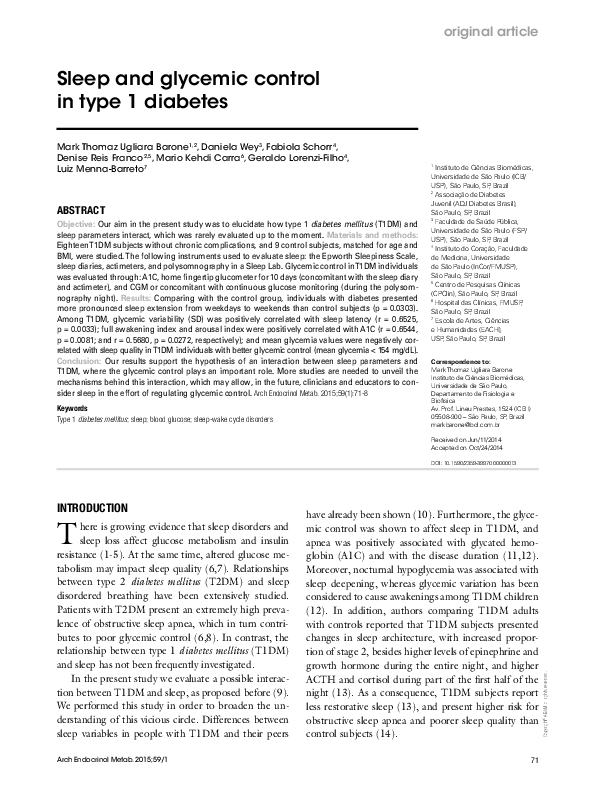 (PDF) Sleep and glycemic control in type 1 diabetes