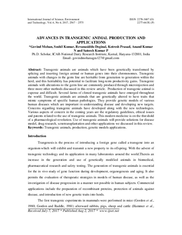 (PDF) Advances in Transgenic Animal Production and Applications
