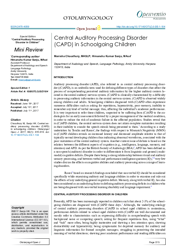 (PDF) Central Auditory Processing Disorder (CAPD) in Schoolgoing Children
