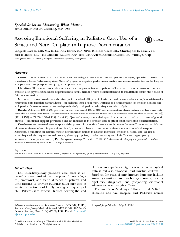 (PDF) Assessing Emotional Suffering in Palliative Care: Use of a ...