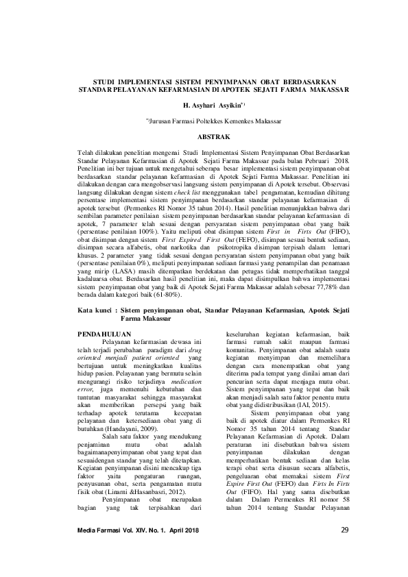 Studi Implementasi Sistem Penyimpanan Obat Berdasarkan Standar